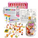 COOLORCAT Paint Pre-Drawn Canvas Cute Decoden 60+ Charms Craft Kit, 24 Acrylic Markers DlY Art Supplies Arts and Crafts for Kids Ages 6-12 Toys Girls Boys Birthday Gift (Kitty Bakery)