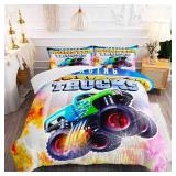 DYcolorDYcolor 3D Cartoon Freestyle Crazy Monster Truck Quilt, 3-Piece Cool Speed Racing Car Themed Comforter Set: 1 Comforter and 2 Pillow Cases for Youth Adult (Racing Car, Queen)