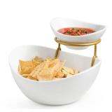 Miamolo Porcelain Serving Bowl Set for Appetizer Serving Dishes Set with 2 Compartment, Chip and Dip Taco Rack Display Salad Bar Serving Set, Gold Stand