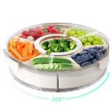 Divided Rotating Serving Tray with Lid and Handle, Portable Snackle Box for Fruits Snacks Veggie Charcuterie, Clear Lazy Susan Organizer and Fridge Storage Container for Adults Child (1PCS,12" L)