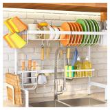 Over The Sink Dish Drying Rack - Adjustable Dish Rack for Kitchen Counter, Metal (White)