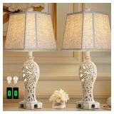 Reyokale Set of 2 Rustic Table Lamps for Living Room Bedroom, Farmhouse Vintage Nightstand Lamp with 2 USB Ports, Hollow Out Resin Lamp for End Table with Nightlight, Bulbs Included (Wash White)