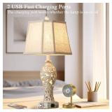 Reyokale Set of 2 Rustic Table Lamps for Living Room Bedroom, Farmhouse Vintage Nightstand Lamp with 2 USB Ports, Hollow Out Resin Lamp for End Table with Nightlight, Bulbs Included (Wash White)