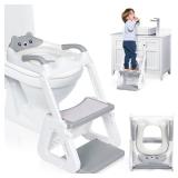 Orzbow 2-IN-1 Potty Training Toilet Seat with Step Stool for Toddler, Stability Training Potty Seat for Kids Boys Girls with Splash Guard and Anti-Slip Pad, Adjustable Ladder & Potty Seat Height, Grey