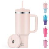 WETOWETO 40oz Tumbler with Handle and Lid | 100% Leakproof Insulated Stainless Steel Travel Mug | Keeps Cold 34Hrs/Hot 10Hrs | Dishwasher Safe, Fits Car Cup Holder (Rose Quartz Color)