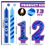 MTLEE 13 Pcs Video Game Birthday Candles Gaming Party Toppers for Cake Blue Purple Number Candle Battle Boys Birthday Cake Topper Decoration Party Supplies(Number 12)