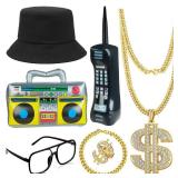 GIFIKOI 80s 90s Hip Hop Costume Outfit Kit Mobile Phone Inflatable Radio Box Necklace Bracelet Ring Glasses Hat Rapper Costumes Accessories Set