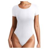 REORIA White Double Lined Basic Bodysuits Short Sleeve Body Suits Trendy Summer Outfits Tops for Women 2025 X-Small