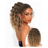 Isaic Ponytail Extension 12 Inch Long Wavy Curly Ponytails Drawstring Ponytail for Black Women Ombre Light Brown Pony Tails Hair Extensions Synthetic Hairpiece for Daily Use