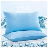 LUXEAR Cooling Pillow Cases, 2 Pack Stretch Arc-Chill Q-max 0.55 Cool Pillowcases Fit Standard & Queen Size Pillows, Breathable Silky Summer Pillow Cover for Hair Skin Hot Sleeper Night Sweat - Blue