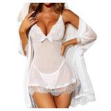RSLOVE Women Sexy Lingerie Set 3 Piece Babydoll & Lace Kimono Robe Bridal Strap Chemise Mesh Nightgown White L