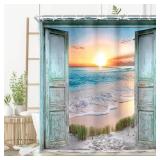 Riyidecor Ocean Beach Teal Barn Door Shower Curtain for Bathroom Decor 72Wx72H Hawaiian Sunset Scenery Sea Wave Retro Wood Rustic Nature Art Printed Fabric Polyester Waterproof 12 Pack Plastic Hooks