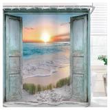 Riyidecor Ocean Beach Teal Barn Door Shower Curtain for Bathroom Decor 72Wx72H Hawaiian Sunset Scenery Sea Wave Retro Wood Rustic Nature Art Printed Fabric Polyester Waterproof 12 Pack Plastic Hooks