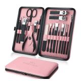 Manicure Set Professional Nail Clippers Kit Pedicure Care Tools- Stainless Steel Women Grooming Kit 18Pcs for Travel or Home (Pink)