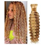 Flagship Human Braiding Hair for Boho Braids 16 Inch 2 Bundles 100g Deep Wave Bulk Human Boho Hair for Braiding 12A Virgin Curly Human Hair for Boho Knotless Braids Human Hair Bundles P27/613