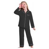 Veseacky Modal Night Sleep Cotton Soft PJs for Big Girls Classic Childrens Pajamas Black 13-14Y