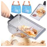 Vodolo 2 PCS Beach Mesh Shovel with 2 PCS Mesh Beach Bag for Filter Sand, Kids Shell Collecting Scooper for Picking Up Shells, Shark Tooth Sifter for Boys and Girls, Beach Toy