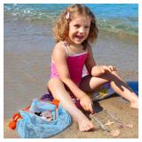 Vodolo 2 PCS Beach Mesh Shovel with 2 PCS Mesh Beach Bag for Filter Sand, Kids Shell Collecting Scooper for Picking Up Shells, Shark Tooth Sifter for Boys and Girls, Beach Toy