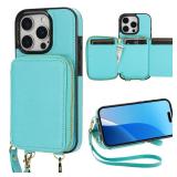 Bocasal RFID Blocking Wallet Case for iPhone 16 Pro, Adjustable Crossbody Zipper Purse Case Card Holder with Kickstand Detachable Wrist Strap, PU Leather Flip Folio Case 6.3 Inch 5G (Mint Green)