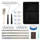 17 Pcs Paint Roller Kit with Long Extension Pole, Microfiber Paint Kit for House Painting - Paint Rollers 9 Inch, Mini Wall Paint Roller Covers, Paint Brush, Frame, Tray, Painters Tape, Sanding Block