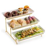 LYEOBOH 3 Tier Serving Stand and Platters Set Large Tiered Serving Platters with Collapsible Sturdier Rack 14 Inches Tiered Serving Tray for Appetizer Fruit, Dessert and Cupcake, White