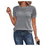 Dokotoo Womens Tops Dressy Casual 2025 Comfy Short Sleeve Crewneck Lightweight Knit Sweaters Blouses Fashion Cute Hollow Out Solid Pullover Shirts for Women Loose Fit Womens Outfits Gray Small