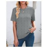 Dokotoo Womens Tops Dressy Casual 2025 Comfy Short Sleeve Crewneck Lightweight Knit Sweaters Blouses Fashion Cute Hollow Out Solid Pullover Shirts for Women Loose Fit Womens Outfits Gray Small
