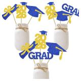 2025 Blue Gold Centerpiece Graduation Decoration Glitter Grad Table Topper Party Sticks Congrats Supplies 16 Pieces