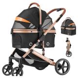 EchoSmile 4 in 1 Pet Stroller, Folding Lightweight Cat & Dog Stroller with Detachable Carrier, NO-Zip 180Â° Reversible Canopy, All Terrain 4-Wheel,45 lbs Capacity for Small to Medium Dogs