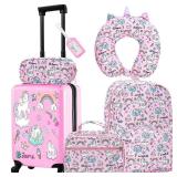 Redbaker 6 Pcs Kids Luggage Set 17 Inch Kids Rolling Luggage Double Pattern Suitcase for Girls Boys School Gift(Soft Pink,Unicorn)