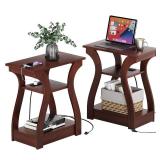 FROMJBEST End Tables Living Room Set of 2,Cherry End Table with Charging Station,Side Table, Nightstand for Bedroom, 3 Tier End Table with Storage Shelf for Living Room(Cherry)