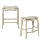 OSP Home Furnishings Metro 24-inch Counter Height Saddle Stool with Nailhead Trim 2-Pack, Antique White Base with Beige Fabric