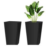 Briwooody Set of 2 16 Inch Large Taper Planters Outdoor Indoor Tall Resin Flower Pots with Drainage Holes Modern for Front Porch Patio Backyard Plants(Black)