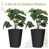 Briwooody Set of 2 16 Inch Large Taper Planters Outdoor Indoor Tall Resin Flower Pots with Drainage Holes Modern for Front Porch Patio Backyard Plants(Black)