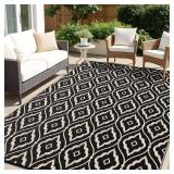 OLANLY Outdoor Rug 9x12 ft Waterproof, Outdoor Plastic Straw Rug with Geometric Pattern Clearance, Reversible RV Mat for Patio, Camping, Balcony, Deck, Backyard, Black & Beige