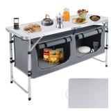 Pnbfhn Outdoor Folding Camping Table with Storage Organizer, Portable Aluminum Composite Panel Lightweight Table, 3 Adjustable Height, for Indoor, BBQ, Party, Picnic, Hiking, Beach