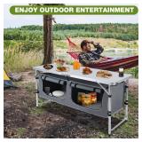 Pnbfhn Outdoor Folding Camping Table with Storage Organizer, Portable Aluminum Composite Panel Lightweight Table, 3 Adjustable Height, for Indoor, BBQ, Party, Picnic, Hiking, Beach