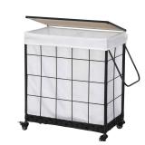Durable Laundry Hamper with Removable Liner Bag, Heavy Duty Wheels, Wood Lid and Metal Handle - Clothes Sorter and Laundry Basket in White