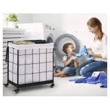 Durable Laundry Hamper with Removable Liner Bag, Heavy Duty Wheels, Wood Lid and Metal Handle - Clothes Sorter and Laundry Basket in White