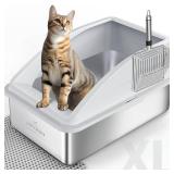 Stainless Steel Litter Box | XL Enclosed Cat Litter Boxs with Lid for Big Cats | High Sided, Anti-Urine Leakage | Non-Stick Bottom & Includes Litter Mat & Metal Scoop