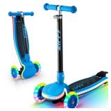 ZIFFY Kids Scooter for Boys & Girls Features LED Light-Up Wheels, 4 Adjustable Height Handlebars, and Lean-to-Steer Design with Anti-Slip Wide Surface for Stability - Up to 110LBS(Blue)