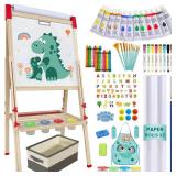 Easel for Kids,Adjustable Wooden Art Easel for Kids,114+ Art Supplies,Double Sided Magnetic Chalkboard and White Board for Kid,Drawing and Painting for Aged 2-4,5-7,8-12,2 Paper Rolls