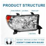 DimFlux Headlight Assembly, Headlights Kit Compatible with 2007-2013 Toyota Tundra/2008-2017 Sequoia Replacement Headlamp Chrome Housing Amber Reflector
