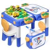 fygurso Toddler Table and Chair Set, Water/Sand Sensory Rideable Building Block Kids Table and Chairs with 90 Pcs Compatible Large Bricks, Activity Table with Storage, STEM Toys for Kids Ages 3+