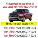 YIERTAI 5pcs Car Seat Covers Compatible with Dodge Ram Custom Fit 2009-2024 1500 2010-2024 2500 3500 Pickup Classic Laramie Bighorn Mega Cab Limited Longhorn Waterproof Leather, Full Set Black