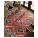 Area Rug 8x10 Rug Machine Washable Non-Slip Low Pile Print Pattern Western Rug for Living Room Bedroom Entryway Tribal Series -Red/Orange