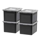 IRIS USA File Box, Plastic File Organizer with Lids for Letter/Legal File, Portable Document Box For Moving, Storage Bin with Durable and Secure Lid, Stackable Nestable BPA-Free, Black 35 Qt. 4 Pack