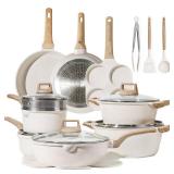 CAROTE 21Pcs Pots and Pans Set, Nonstick Cookware Sets, White Granite Induction Cookware Non Stick Cooking Set w/Frying Pans & Saucepans(PFOS, PFOA Free)