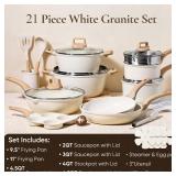 CAROTE 21Pcs Pots and Pans Set, Nonstick Cookware Sets, White Granite Induction Cookware Non Stick Cooking Set w/Frying Pans & Saucepans(PFOS, PFOA Free)