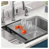 CLNGAI Roll Up Dish Drying Rack,Expandable Over The Sink Dish Drainer,Stainless Steel Kitchen Rolling Sink Rack with Utensil Holder,Length Up to 22.3\" (Black, Large)